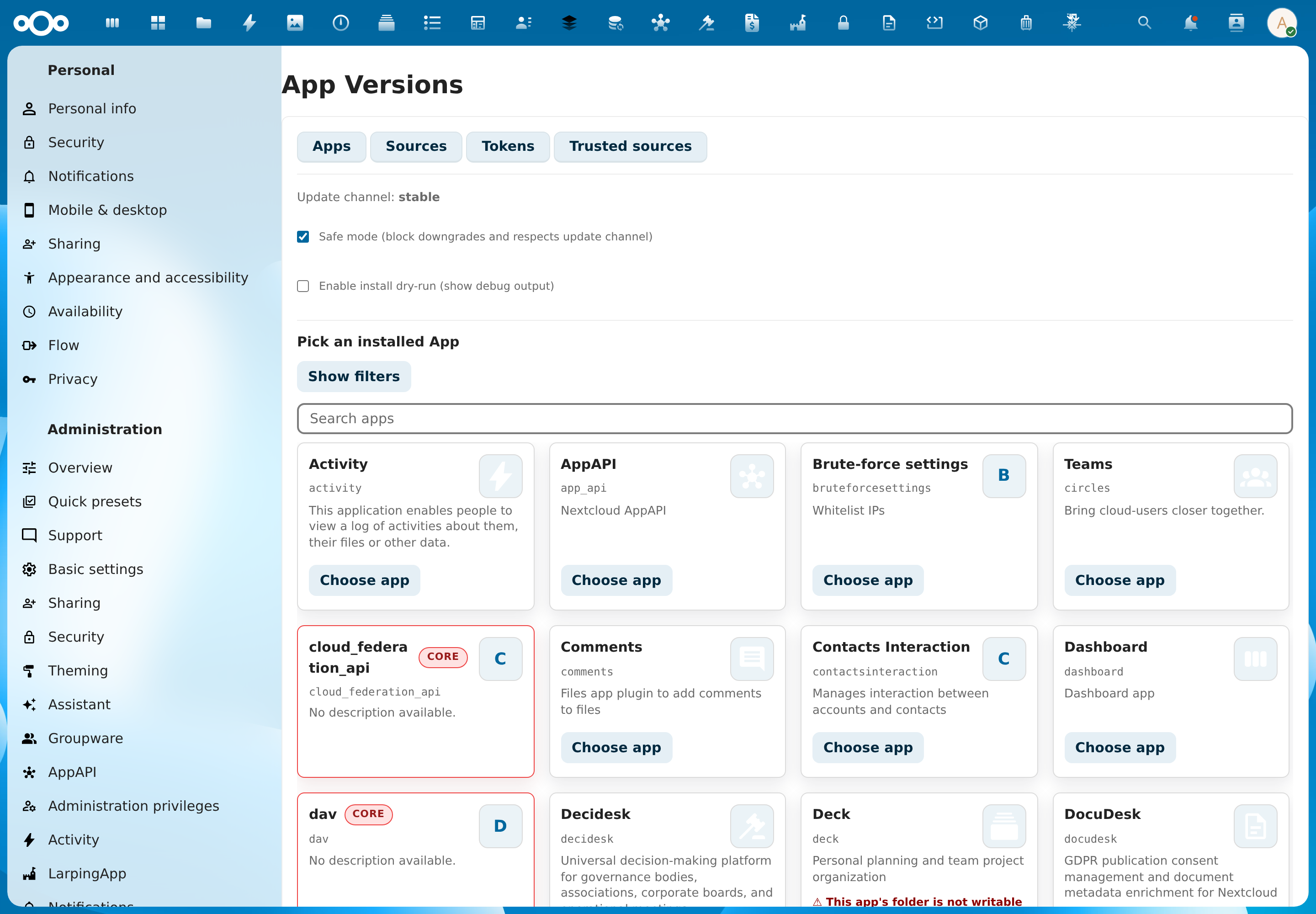 The App Versions admin panel on the Apps tab