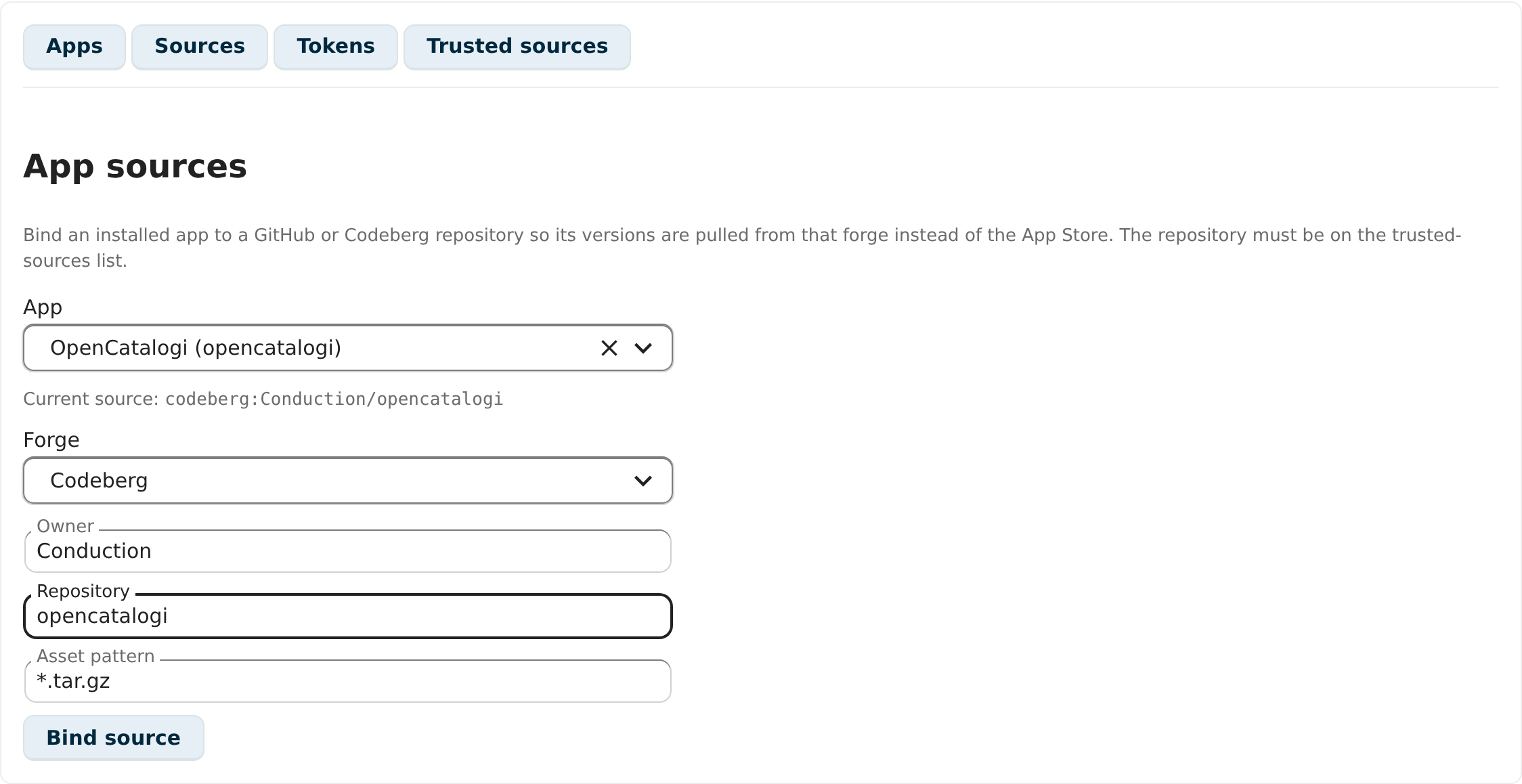 Binding OpenCatalogi to codeberg/opencatalogi on the Sources tab