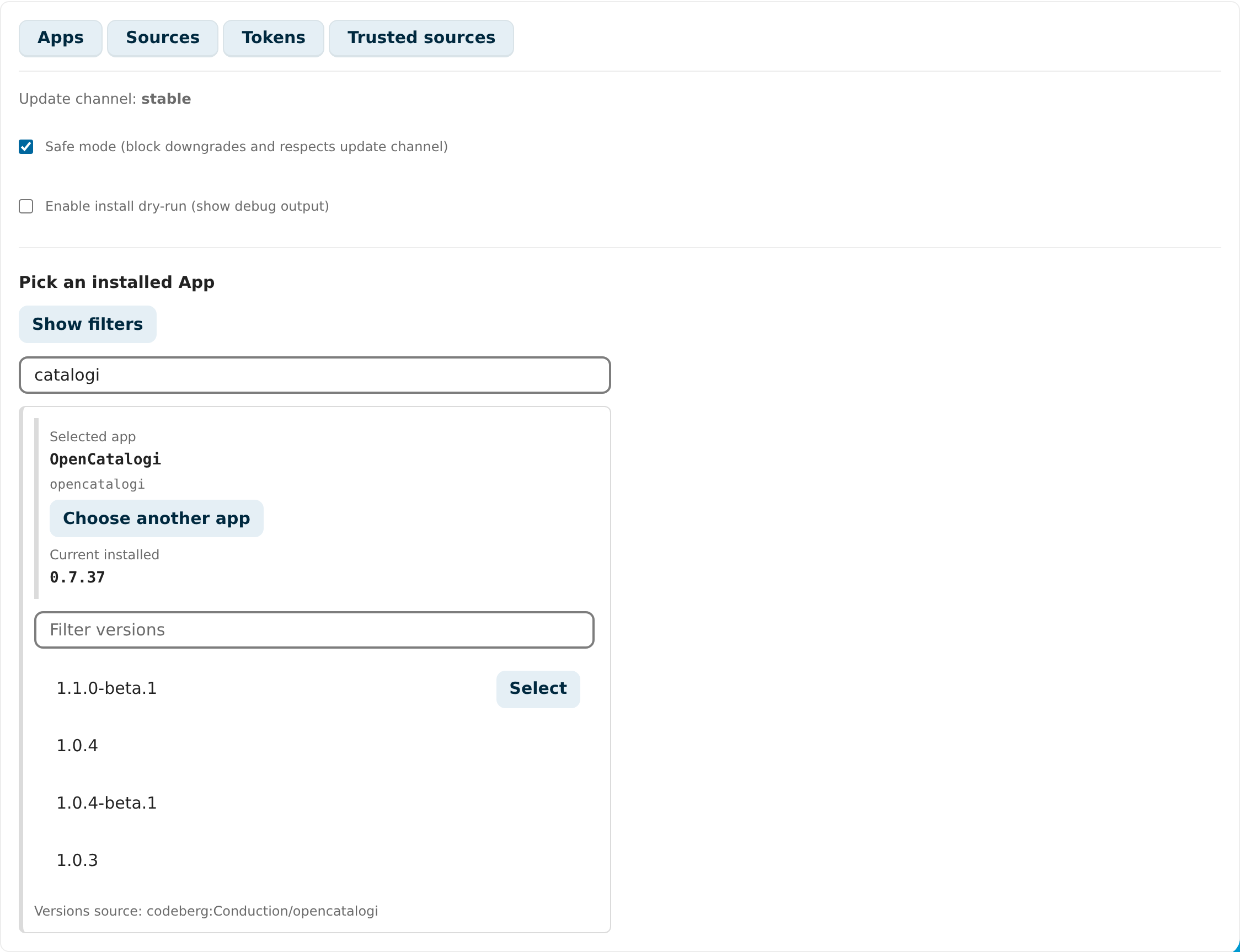 OpenCatalogi's version picker listing Codeberg releases