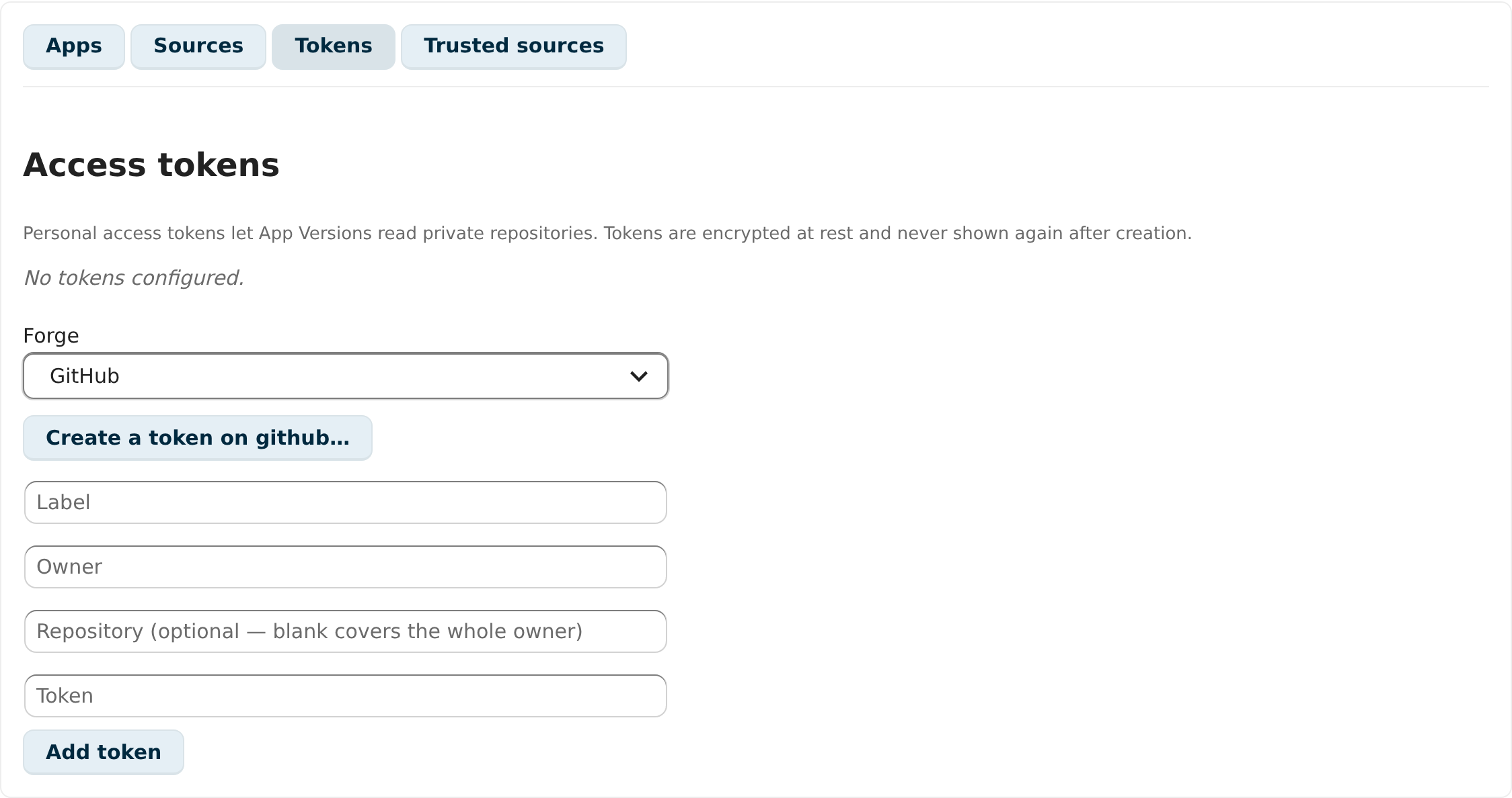 The Tokens tab where personal access tokens are stored