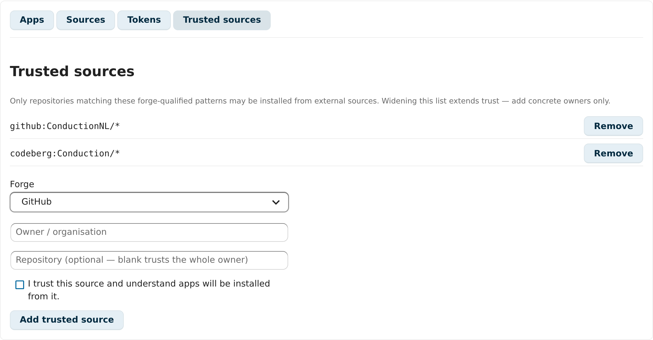 The Trusted sources tab with forge-qualified allowlist patterns